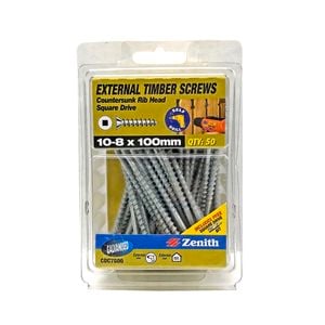 Zenith 10 - 8 x 100mm Galvanised Square Drive Countersunk Ribbed Head Timber Screws - 50 Pack