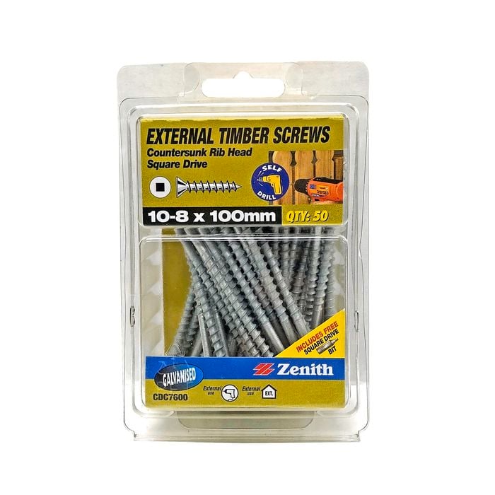 Zenith 10 - 8 x 100mm Galvanised Square Drive Countersunk Ribbed Head Timber Screws - 50 Pack