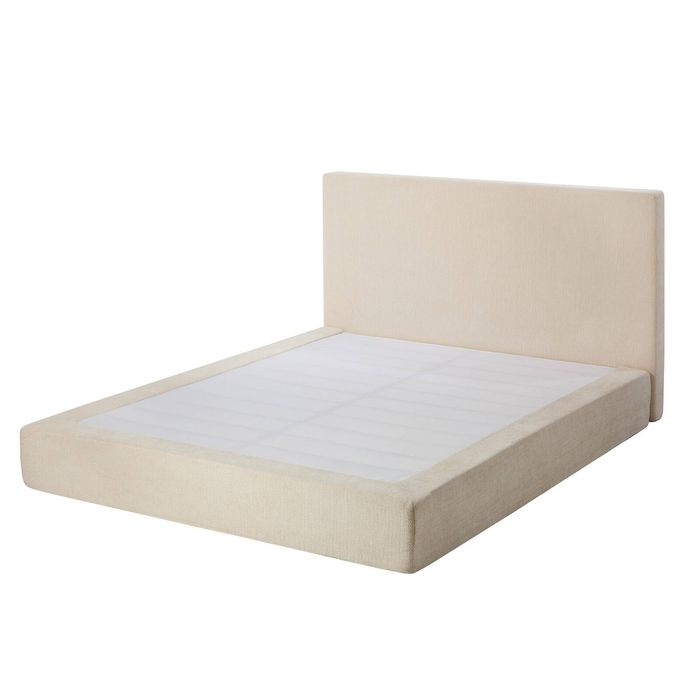 Oikiture Queen Upholstered Fabric Bed Frame Internal Metal Base Chenille Beige