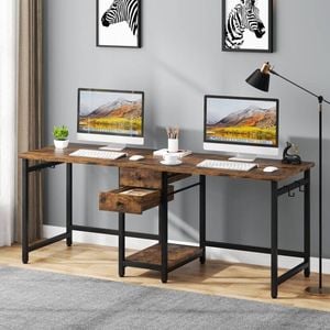 OAKORY 200cm Home Office Desk for 2 People with Drawers, Shelf and Hooks, Rustic Brown