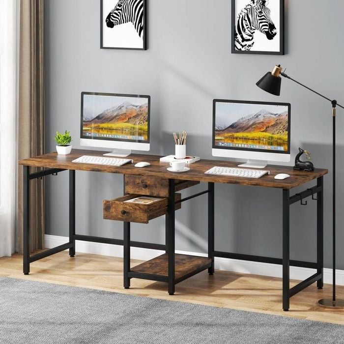OAKORY 200cm Home Office Desk for 2 People with Drawers, Shelf and Hooks, Rustic Brown