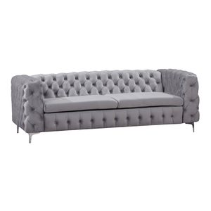 3 Seater Sofa Classic Button Tufted Lounge in Grey Velvet Fabric with Metal Legs
