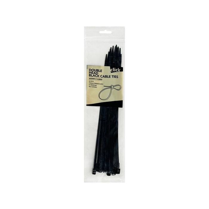 Click 300mm Black Double Headed Cable Tie - 25 Pack