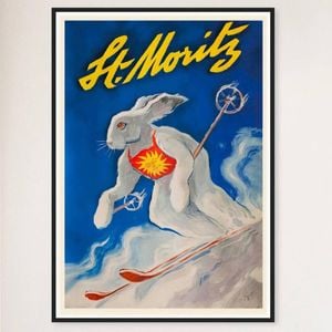 Galrie Vintage St Moritz Switzerland Ski Bunny Poster for Home Decor, Black Frame, 70 x 100cm (28 x 40inch)