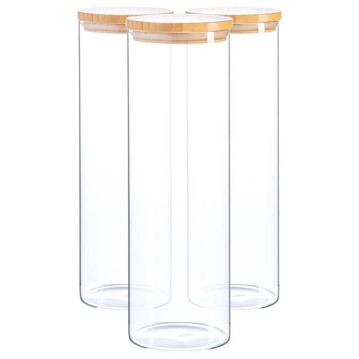Argon Tableware Glass Storage Jar - Wood Lid - 2 Litre - 3x Modern Round Scandi Organisation Container Glass Jar