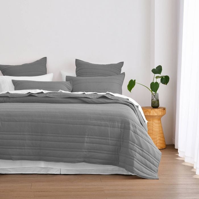 Dreamaker Superfine Washed Microfibre Stripe Quilted Coverlet Set Charcoal Super King Bed