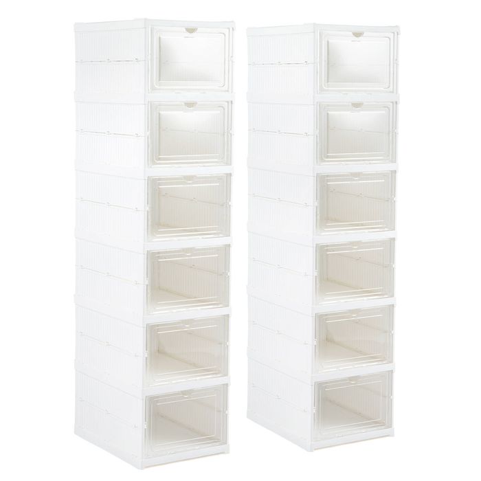 Costway 6-Tier Plastic Sneaker Storage Boxes Portable Space-Saving Shoe Shelf Cabinet-White