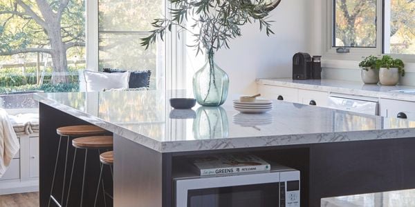open plan kitchen - microwave - marble benchtop - style seeker kitchen - home projects kitchen - medium