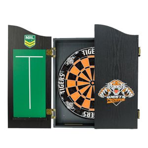 NRL Dartboard and Cabinet Set West Tigers Team Design Black Finish