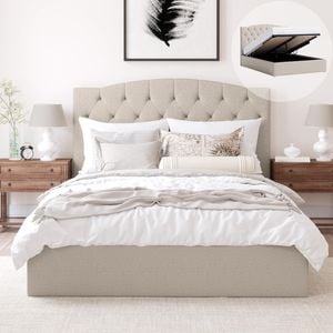 Charlotte King Beige Gas Lift Storage Curved Bed Frame