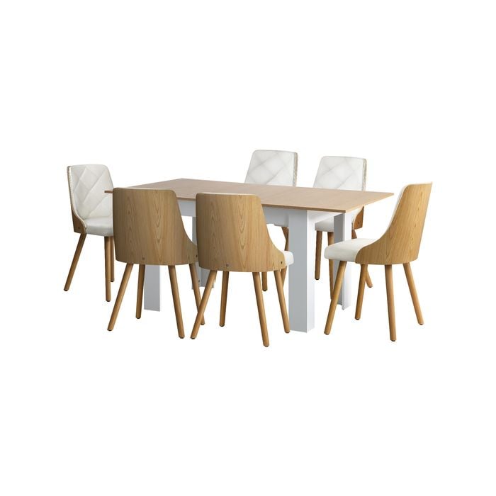 Oikiture  7PCS Dining Sets 160cm Extendable Dining Table with Dining Chairs PU Leather White