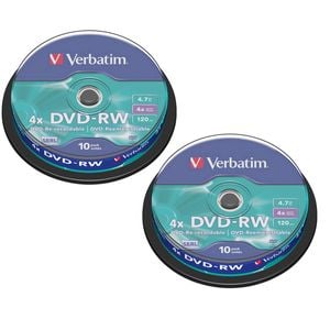 20pc Verbatim DVD-RW 4.7GB 4x Rewritable Blank Disc Data Storage w/Spindle Case