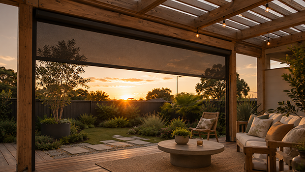 A patio featuring a table and chairs positioned in front of a outdoor blinds during sunset