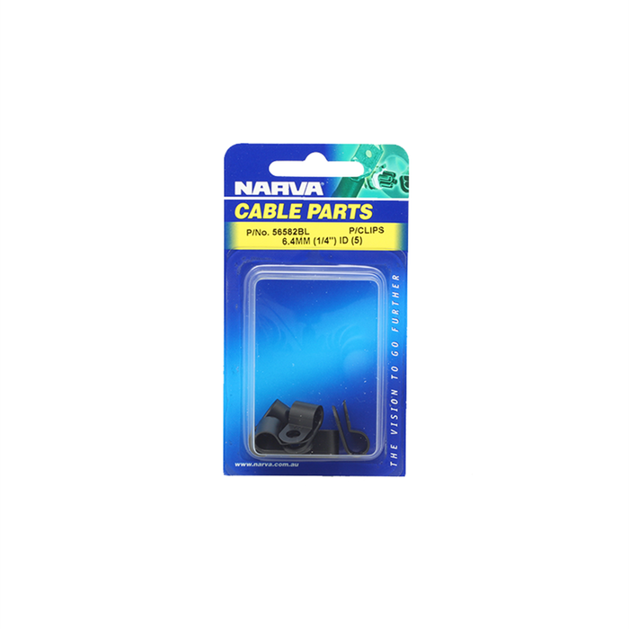Narva 6.4mm (1/4") Black UV Weather Resistant Nylon Cable Clamps (P-Clips) - 5 Pack