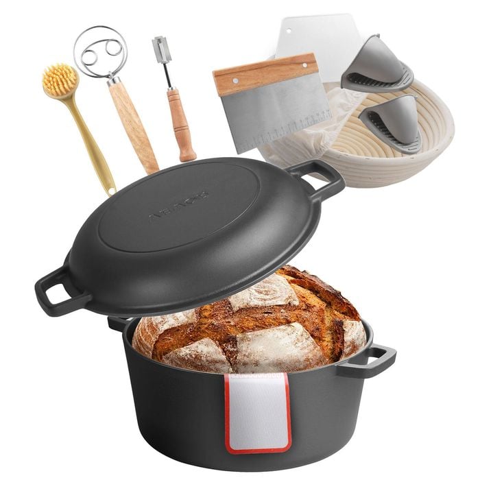 VEVOR Cast Iron Dutch Oven Black with Skillet Lid 4.7L Proofing Basket for Cooking
