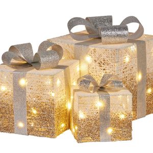 Christabelle 3 Piece Christmas Present Display Set with Lights - Champagne Finish
