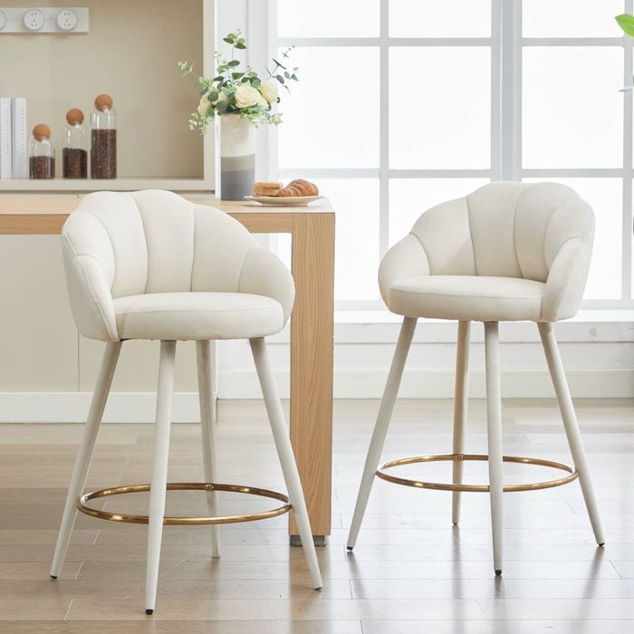 HOMFURN Set of 2 Velvet Counter Barstools with Golden Footrest