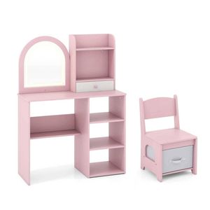 Costway 2-in-1 Kids Dressing Table & Chair Vanity Set Writing Desk Pink