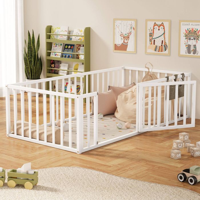 Oikiture 2-in-1 Kids Bed Play Centre Wooden Fence Gate Single White