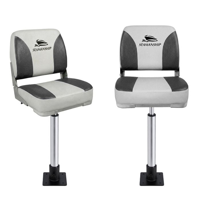 Seamanship 2X Folding Boat Seats with 2X Pedestals 55–75cm Marine Swivel 13cm Padding Charcoal