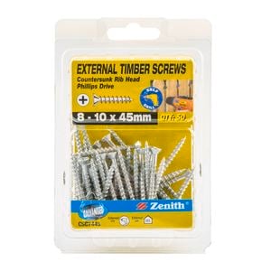Zenith 8 - 10 x 45mm Galvanised Countersunk Rib Head Timber Screws - 50 Pack