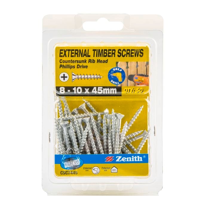 Zenith 8 - 10 x 45mm Galvanised Countersunk Rib Head Timber Screws - 50 Pack