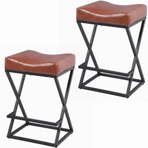 Ufurniture Bar Stools Set Of 2 Pu Kitchen Stools With Metal Footrest Counter Stools Saddle Style Brown
