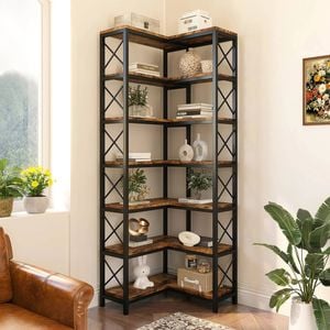 Oakory 200 Cm Corner Bookshelf 7-tier With Matte Black Metal Frame And X-bar Design Space-saving