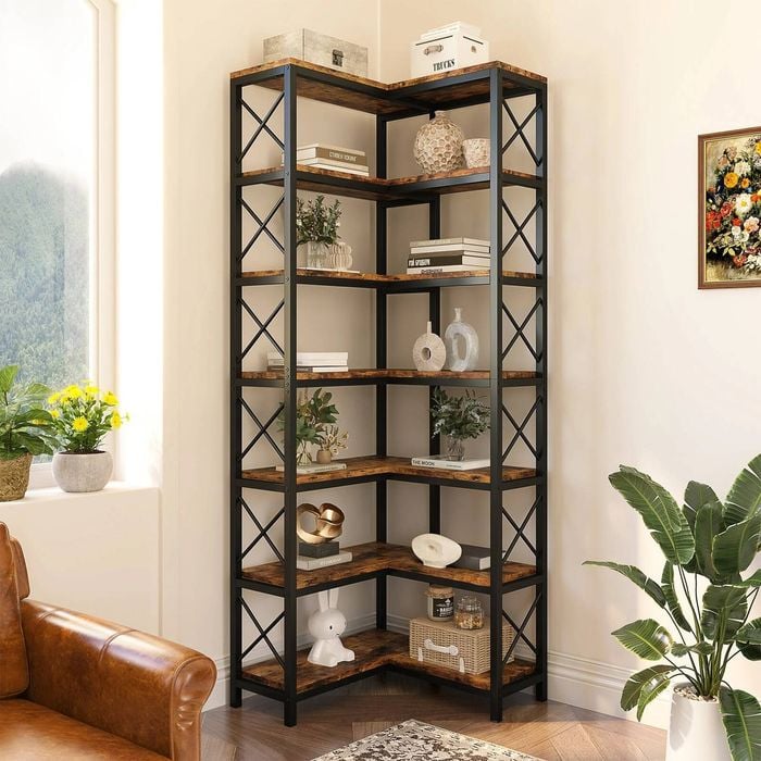 Oakory 200 Cm Corner Bookshelf 7-tier With Matte Black Metal Frame And X-bar Design Space-saving