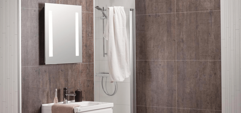 A bathroom with large, timber-look wall panels