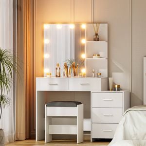 Artiss Dressing Table Set Stool 10 LED Bulbs White Dale
