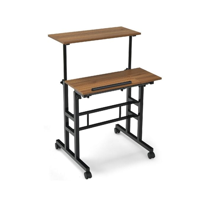 Costway Mobile Stand Up Computer Desk Laptop Cart W/2 Tilting Desktops Adjustable Office Workstation Brown