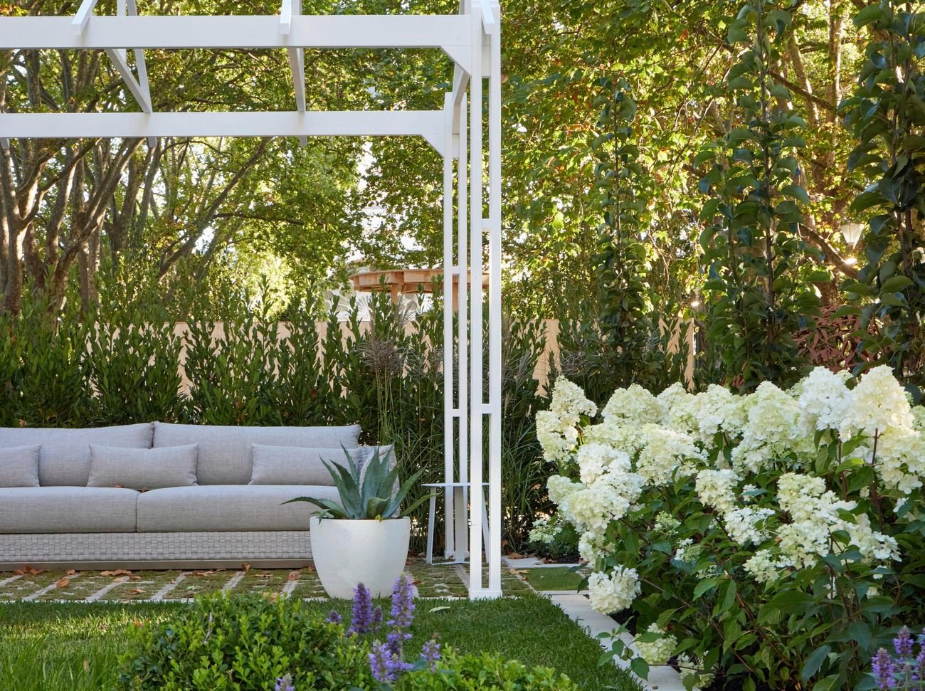 A pergola in a garden setting