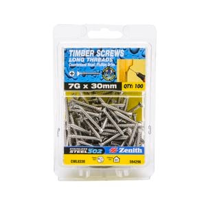 Zenith 7G x 30mm Stainless Steel Long Thread Countersunk Head Timber Screws - 100 Pack