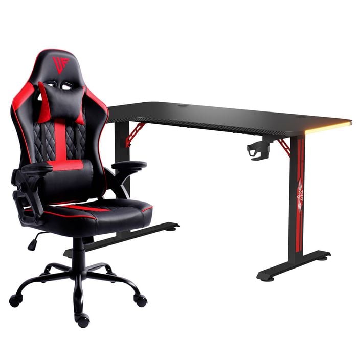 Advwin 140cm Black Gaming Desk RGB LED Light & Ergonomic Gaming Chair Height Adjustable Black White