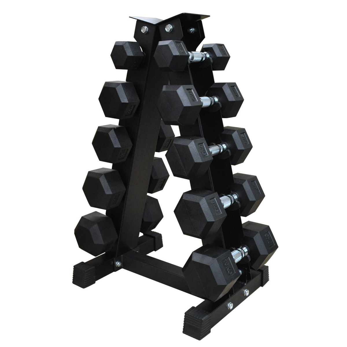 2-4-6-8-10kg Total 60kg 5 Pair Hex Rubber Dumbell Weight Set with Rack ...