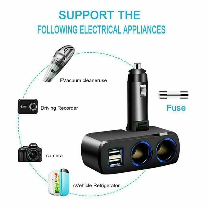 Car Cigarette Lighter Splitter Adapter | Dual 12v Sockets + 2 Usb Ports  With Led & Fast Charge