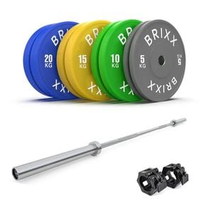 Brixx 100kg Pro Colour Olympic Bumper Plates + 20kg Barbell