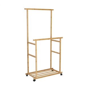 P&P Wooden Double Rod Bamboo Clothes Rack With Bottom Shelf And Wheels