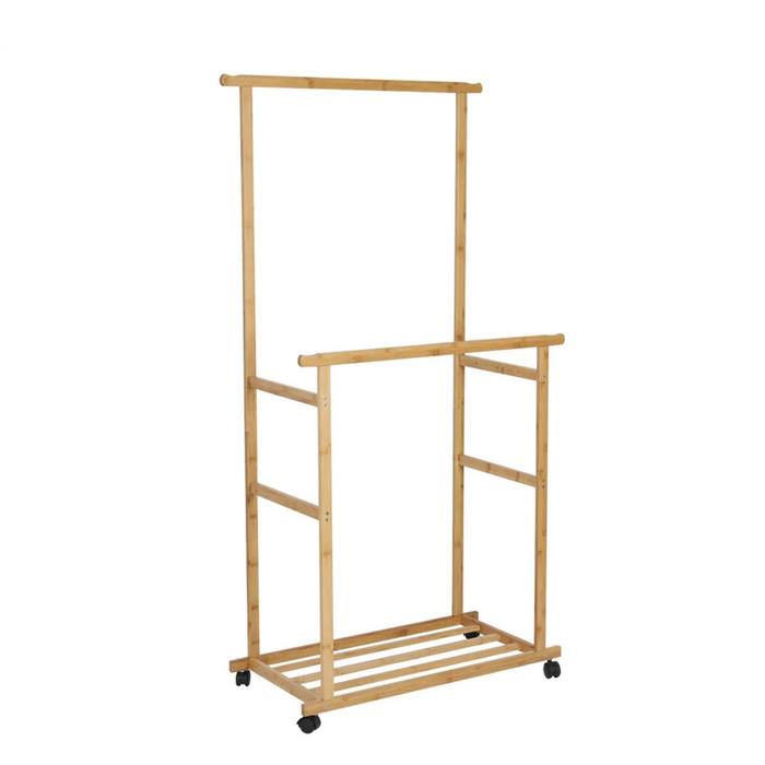 P&P Wooden Double Rod Bamboo Clothes Rack With Bottom Shelf And Wheels