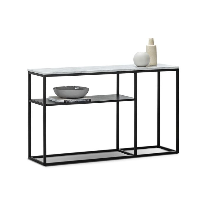 Ebonie 130cm White Marble & Black Shelf Console Table