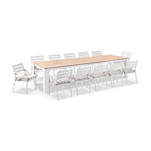Balmoral 3.55m Teak Top Aluminium Table White With 12 Kansas Dining Chairs & Sunbrella Beige Cushions