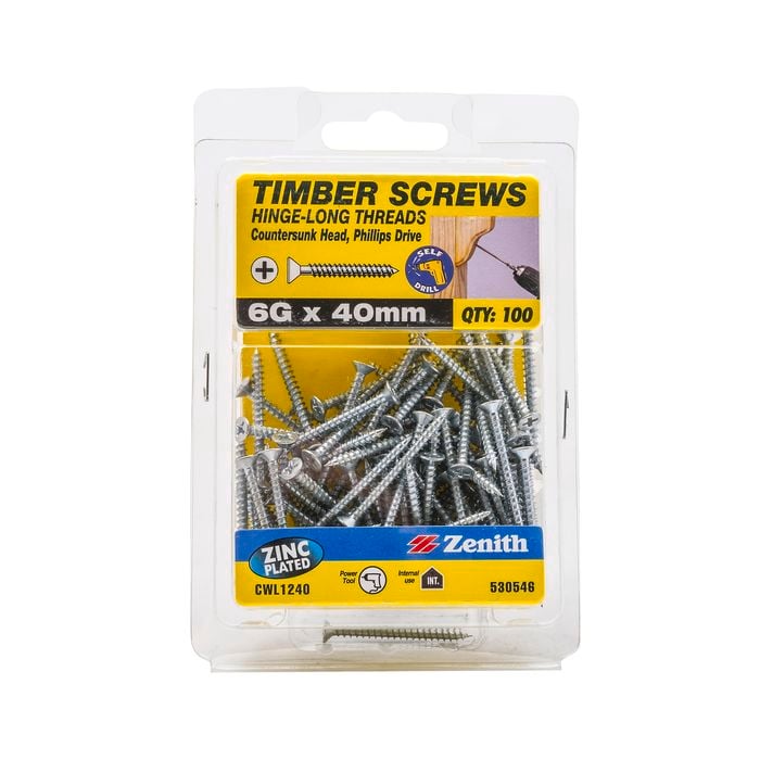 Zenith 6G x 40mm Zinc Plated Hinge-Long Thread Countersunk Head Timber Screws - 100 Pack