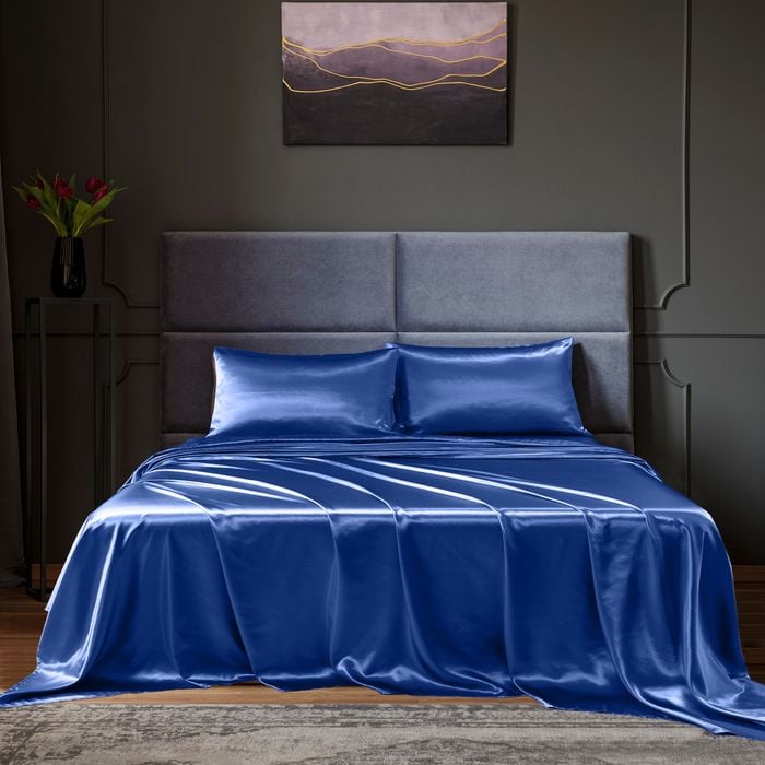 Royal Comfort Satin Sheet Set 4 Piece Navy Blue King