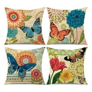 Catzon 4 Pcs Linen Throw Pillow Covers Watercolor Flower for Bed Sofa Decor 40X40cm