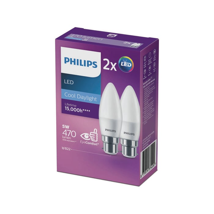 Philips P45 B22 LED 510Lm Cool Daylight 5W Candle 2 Pack Bunnings Australia