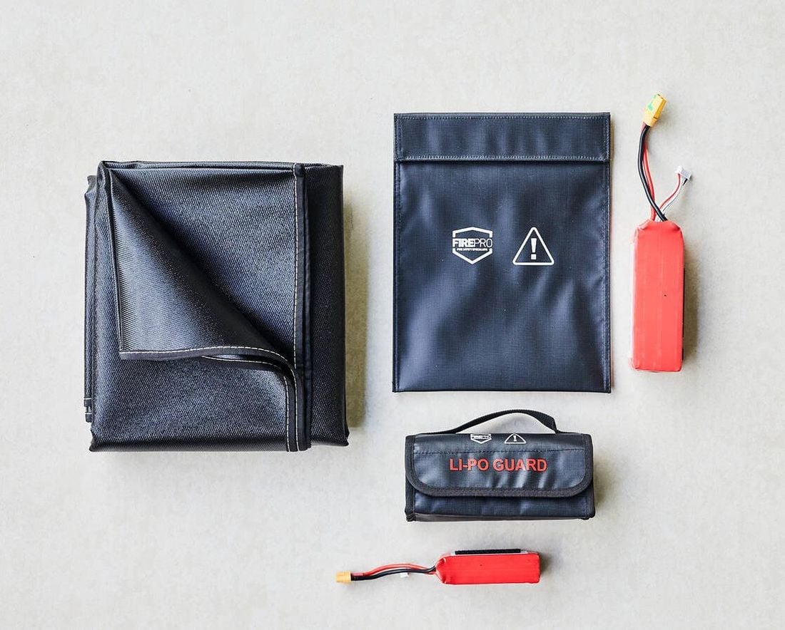 Flat lay layout of lithium ion battery charging safety pack