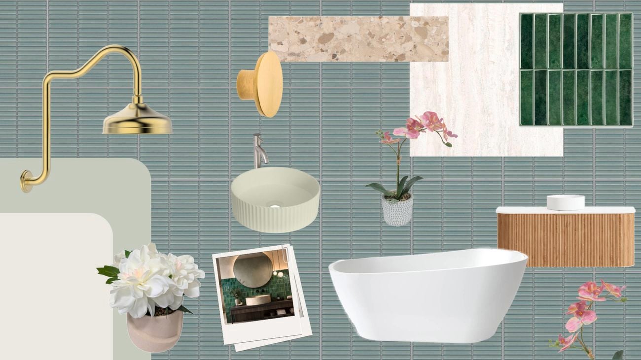 Bathroom mood board featuring blue-green mosaic wall tiles, brass shower fitting, green vessel basin, freestanding white bath, timber vanity, green feature tiles, natural stone surfaces and floral accents.