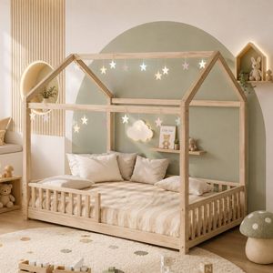 Oikiture Kids House Wooden Bed Frame Double Natural