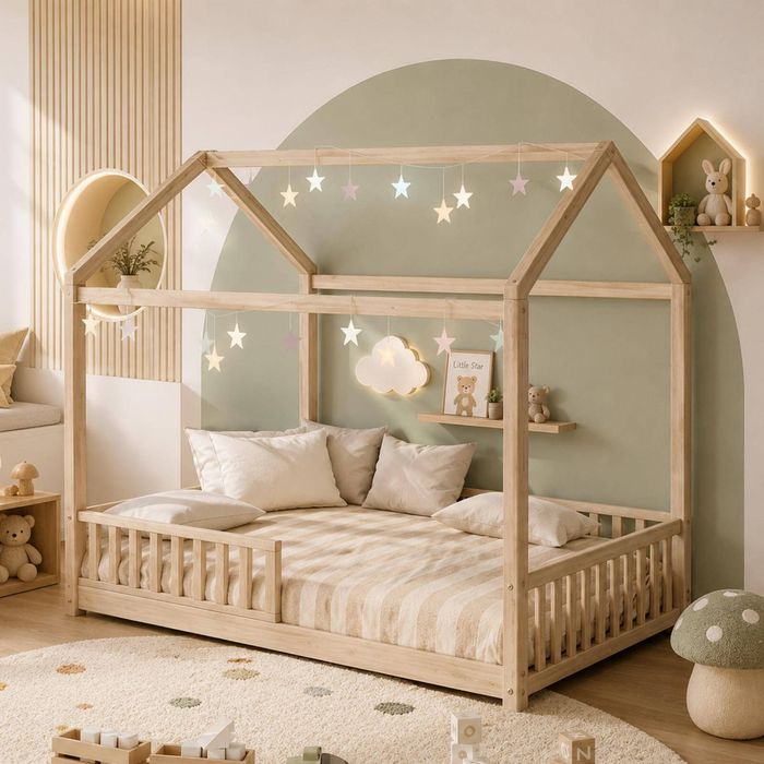 Oikiture Kids House Wooden Bed Frame Double Natural